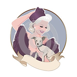 Retro cartoon style PinUp blonde girl wearing a fur hat and stole, carrying a puppy. October and November. French Republican