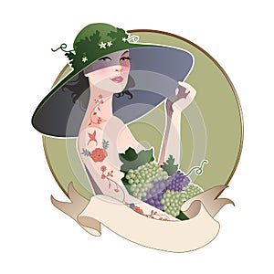 Retro cartoon style PinUp girl wearing big hat and grapes. Flower and bird tattoos. September and October. French Republican