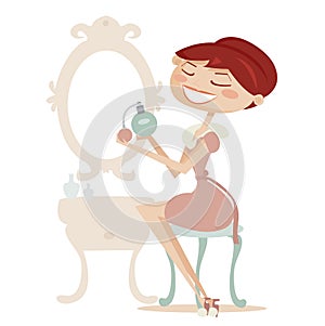 Retro cartoon woman with perfume isolated