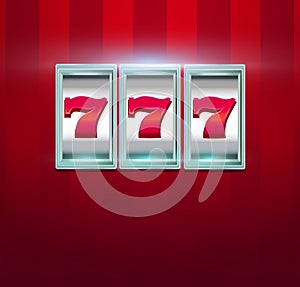 Retro casino machine with lucky seven signs on red background. S