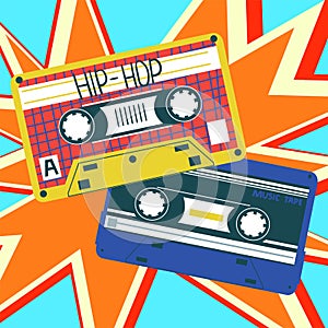 Retro cassette. Analogue audio objects, bright colorful abstract poster, contemporary card, Vintage songs mix tape, 80s