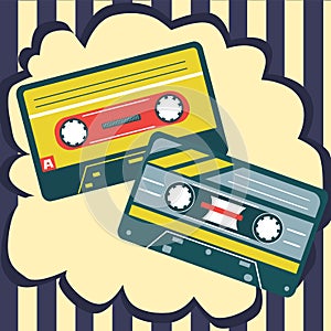 Retro cassette. Audio record. Listen to music. Stereo mixtape. Stripes and cloud shape. Old multimedia equipment. 80s