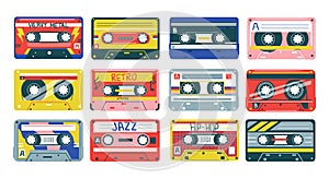 Retro cassette. Heavy metal, jazz or hip-hop music. 90s and 80s analog records. Old-fashioned audio equipment