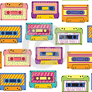 Retro cassette pattern. Seamless vintage memphis 90s party pattern, music audio cassette, analogue 80s stereo