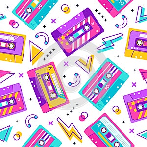 Retro cassette pattern. Seamless vintage memphis 90s party pattern, music mix audio cassette, analogue 80s stereo