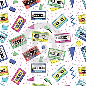 Retro cassette pattern. Vintage funky seamless texture with audio tape. Compact stereo player mixtapes and geometric