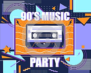 Retro cassette. Songs mix tape technology. Analogue audio record. Listen to music. Old multimedia equipment. 90s musical