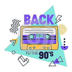 Retro cassette tape, 90s music party badge. Cartoon audio and stereo tape sticker, pop culture song tape vector background