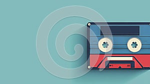 Retro cassette tape with blue and red design on turquoise background. Minimalist flat lay composition with copy space