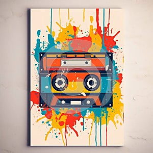 Retro cassette tape in a frame on an orange background with paint splashes. Watercolor style. Record player. Cassette for tape