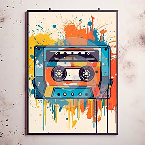 Retro cassette tape in a frame on an orange background with paint splashes. Watercolor style. Record player. Cassette for tape