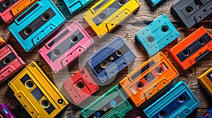 Retro cassette tapes in an array of vivid hues. Top view. Background. Concept of vintage music, collectible items, the