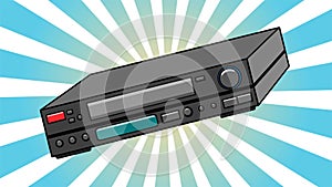 Retro cassette video recorder for watching movies old vintage hipster for geeks from the 70s, 80s, 90s on the background of blue