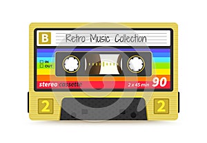 Retro cassette. Vintage 1980s mix tape, stereo sound record technology, old school dj rave party. Vector tape label