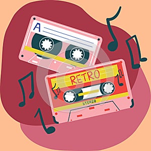 Retro cassette. Vintage songs mix tape technology. Analogue audio record. Listen to music. Old multimedia equipment
