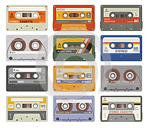 Retro cassettes. Colorful plastic audio cassette vintage media device music technology tapes stereo record images