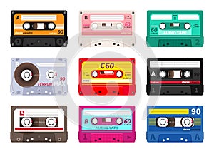 Retro cassettes. Vintage 1980s music tape, dj rave party mix, realistic stereo record set. Vector old school music