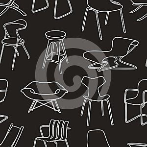 Retro chairs seamless pattern of furniture on blac