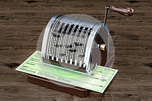 Retro check writer with bank check, 3D rendering