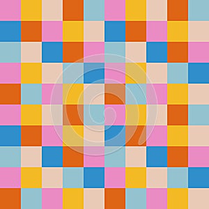 Retro checked colourful pattern. Abstract geometric multicolored seamless. Mosaic background in 60s style. Geometric bright square