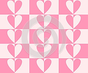 Retro checkerboard groovy seamless pattern with hearts on pink and white background. 70s 80s style cute vector illustration