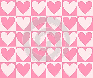 Retro checkerboard groovy seamless pattern with hearts on pink and white background. 70s 80s style cute vector illustration