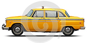 Retro checkered New York yellow taxi side view.