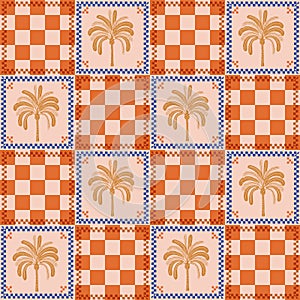 Retro chess pattern with palm leaves. A collection of groovy cliparts from 70s, 60s