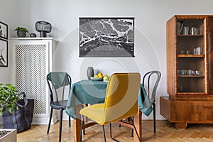 Retro china cabinet in eclectic living room interior