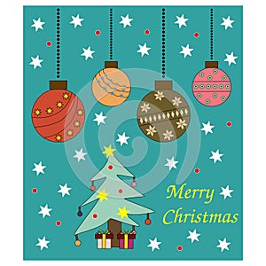 Retro Christmas card with hanging Christmas balls, ornaments