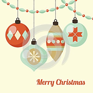Retro Christmas card with hanging Christmas balls, ornaments. Vector illustration background, flat design.