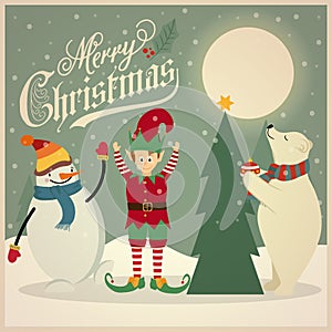 Retro Christmas card with polar bear, elf and snowman that adorn