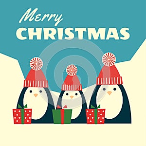 Retro christmas card three penguins square