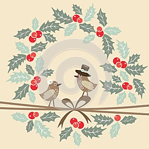 Retro christmas greeting card with birds, holly