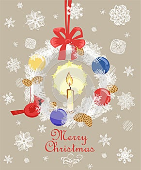 Retro Christmas greeting card with cut out paper fir wreath, gold fir tree cone, candle, snowflakes, hanging northern cardinal bir