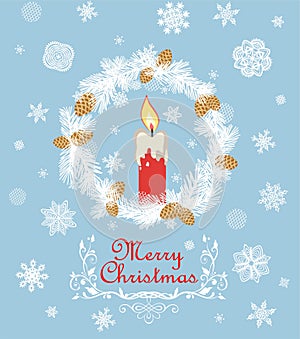 Retro Christmas greeting card with cut out paper fir wreath, red candle, snowflakes and golden fir tree cone