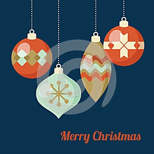 Retro Christmas greeting card, invitation. Hanging Christmas balls, baubles, ornaments. Flat design. Vector illustration.