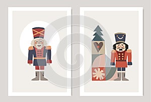 Retro Christmas greeting cards, invitations set. Smiling, grinning Nutcracker. Men with beards and uniform. Abstract