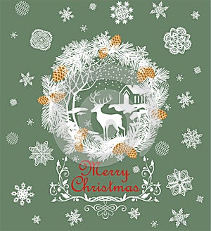 Retro Christmas greeting pastel green card with cut out paper fir wreath, snowflakes, golden cone, deer and winter landscape