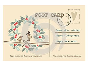 Retro christmas greeting postcard with birds, holly wreath