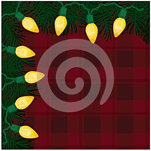 Retro Christmas Lights Frame with RedPlaid Background