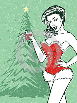 Retro Christmas Pin-up Vector Illustration of a Sexy Woman Holding Mistletoe