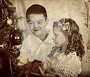 Retro Christmas portrait of children brother and sister