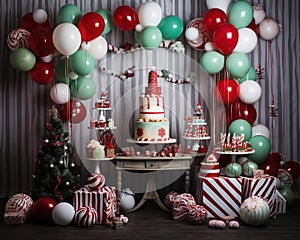 Retro Christmas presents and sweets fatade anniversary smash cake backdrop.