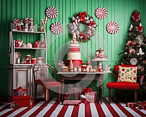 Retro Christmas presents and sweets fatade anniversary smash cake backdrop.