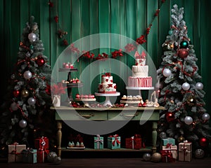 Retro Christmas presents and sweets fatade anniversary smash cake backdrop.