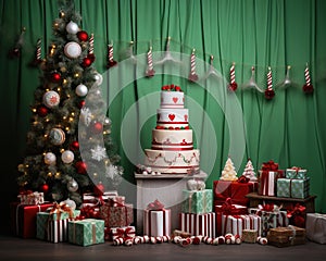 Retro Christmas presents and sweets fatade anniversary smash cake backdrop.