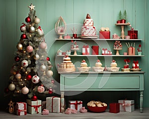 Retro Christmas presents and sweets fatade anniversary smash cake backdrop.