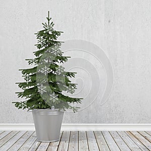 Retro christmas tree with snowflakes in metal bucket, winter background