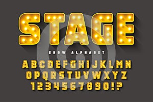 Retro cinema alphabet design, cabaret, LED lamps letters and numbers.